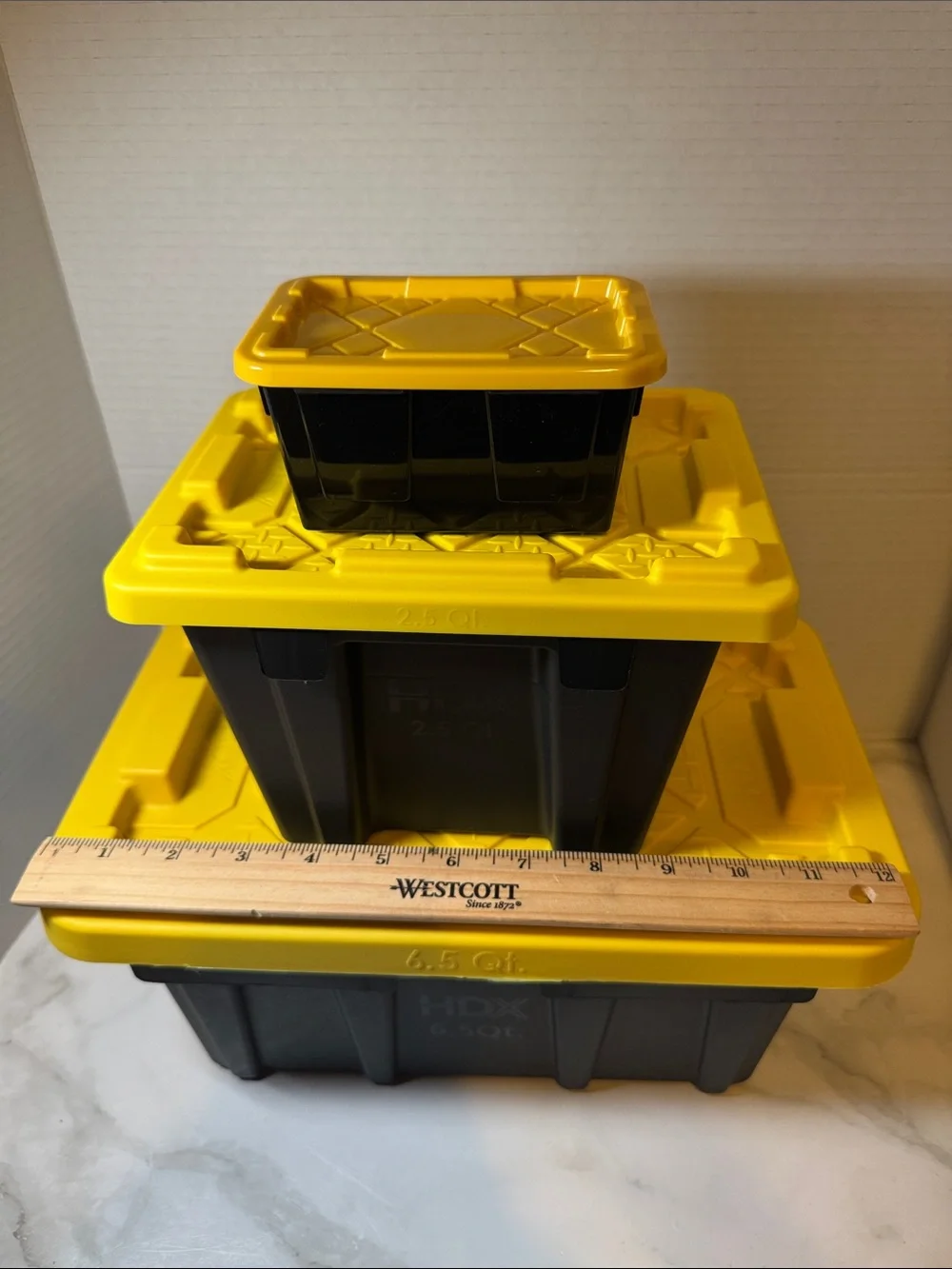 3 Black Storage Bins with Yellow Lid - Durable Stackable Organizer- New